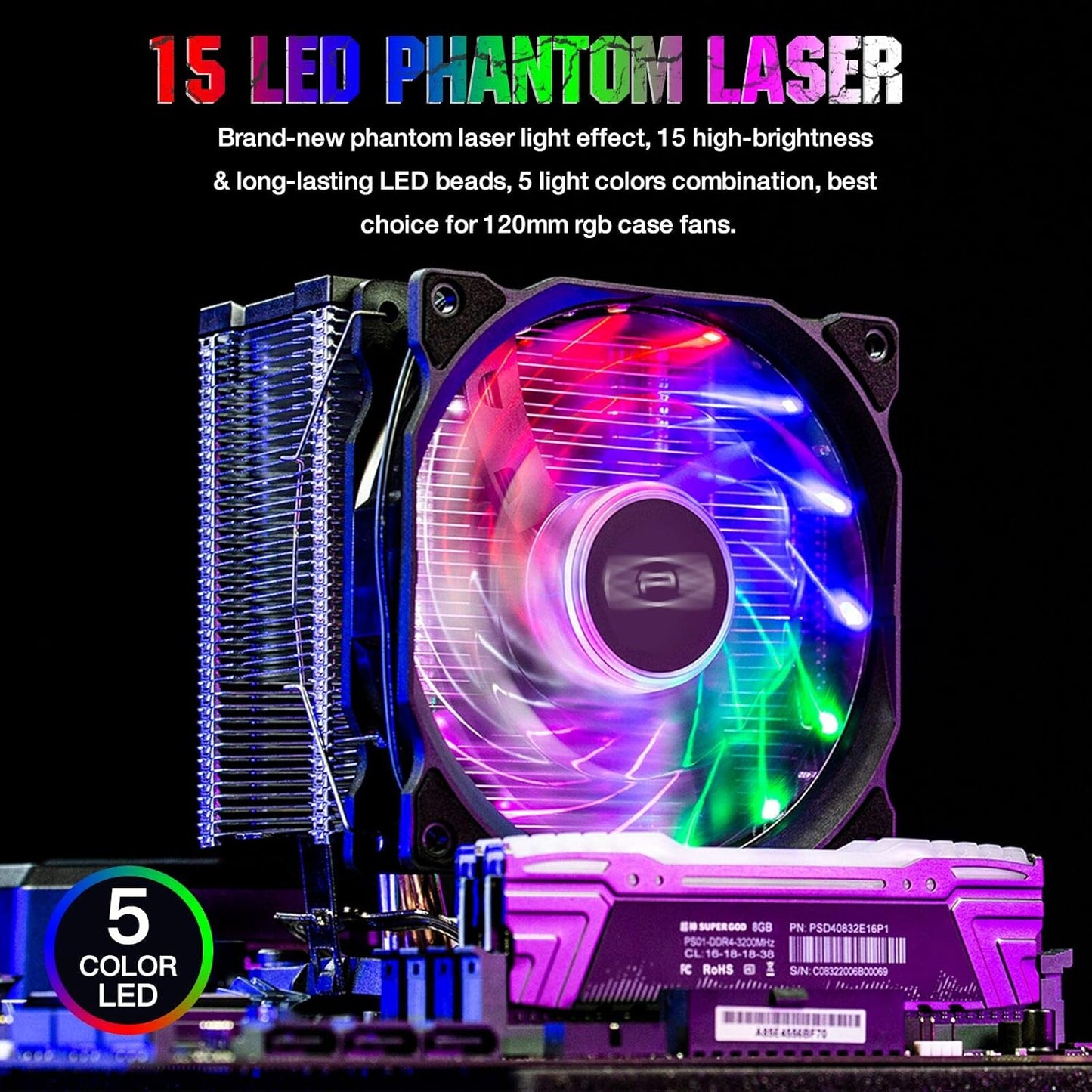 CP3 120Mm Silent Intelligent Control RGB Case Fan Adjustable Colorful High Performance Fans with Controller, 5-Pack - VortexLogic.store