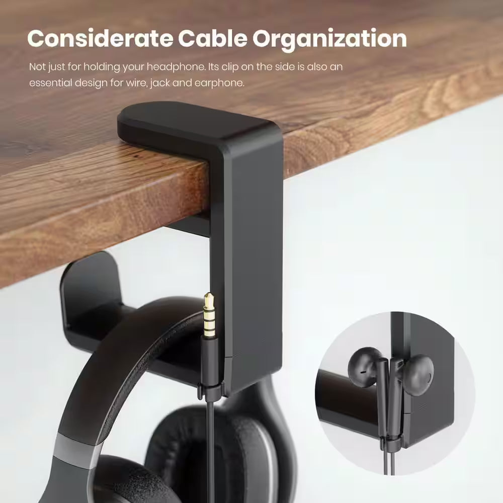 Rotating Headphone Stand Adjustable Clamp-On Holder with 360° Swivel Cable Organizer Black