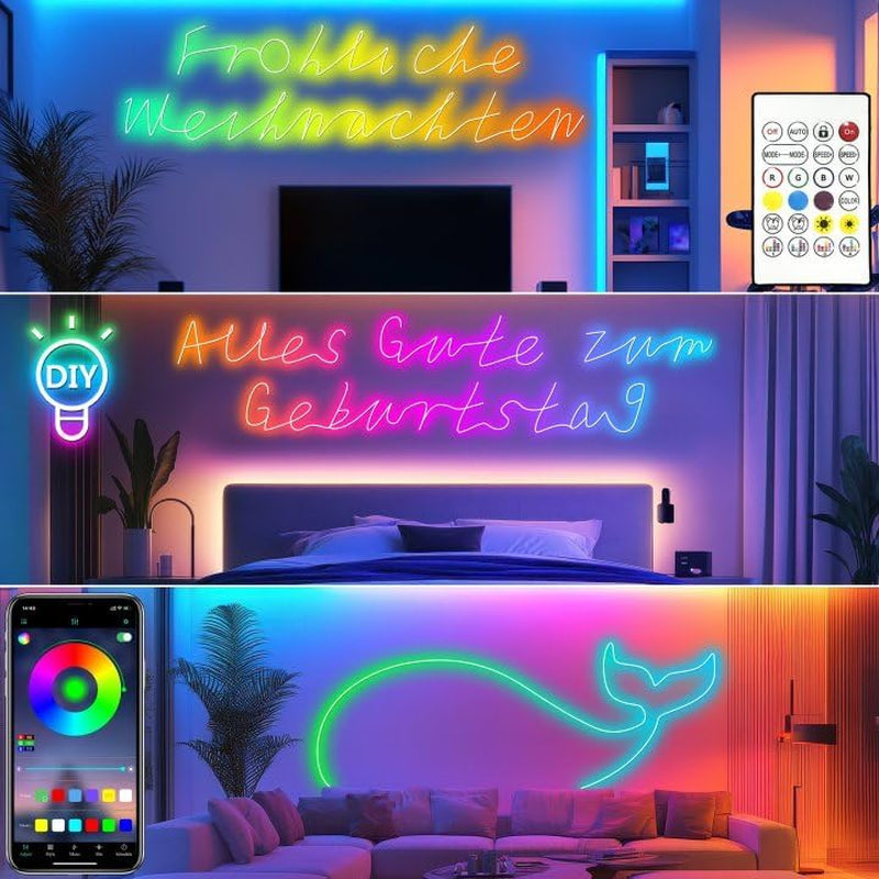 20Ft RGB LED Neon Rope Lights for Bedroom, 6M LED Strip Lamp with Double Sided Adhesive Tape, App/Remote Control Waterproof DIY Lights Decorate the Outdoor and Indoor of Your Home. - VortexLogic.store