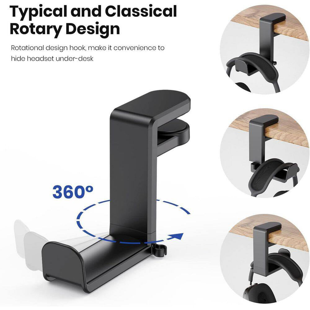 Rotating Headphone Stand Adjustable Clamp-On Holder with 360° Swivel Cable Organizer Black