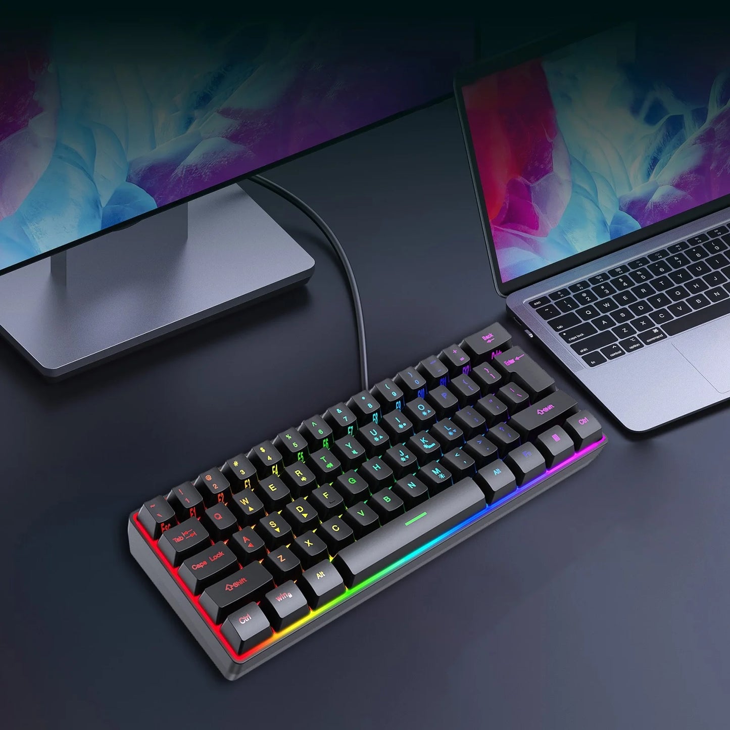 Wired 60 Mechanical Gaming Keyboard RGB Backlit Compact 61 Keys Keyboard with Blue Switches for PC RGB Backlit, Compact 66 Percent Wired Keyboard for Win/Mac PC Gamer, Easy to Carry
