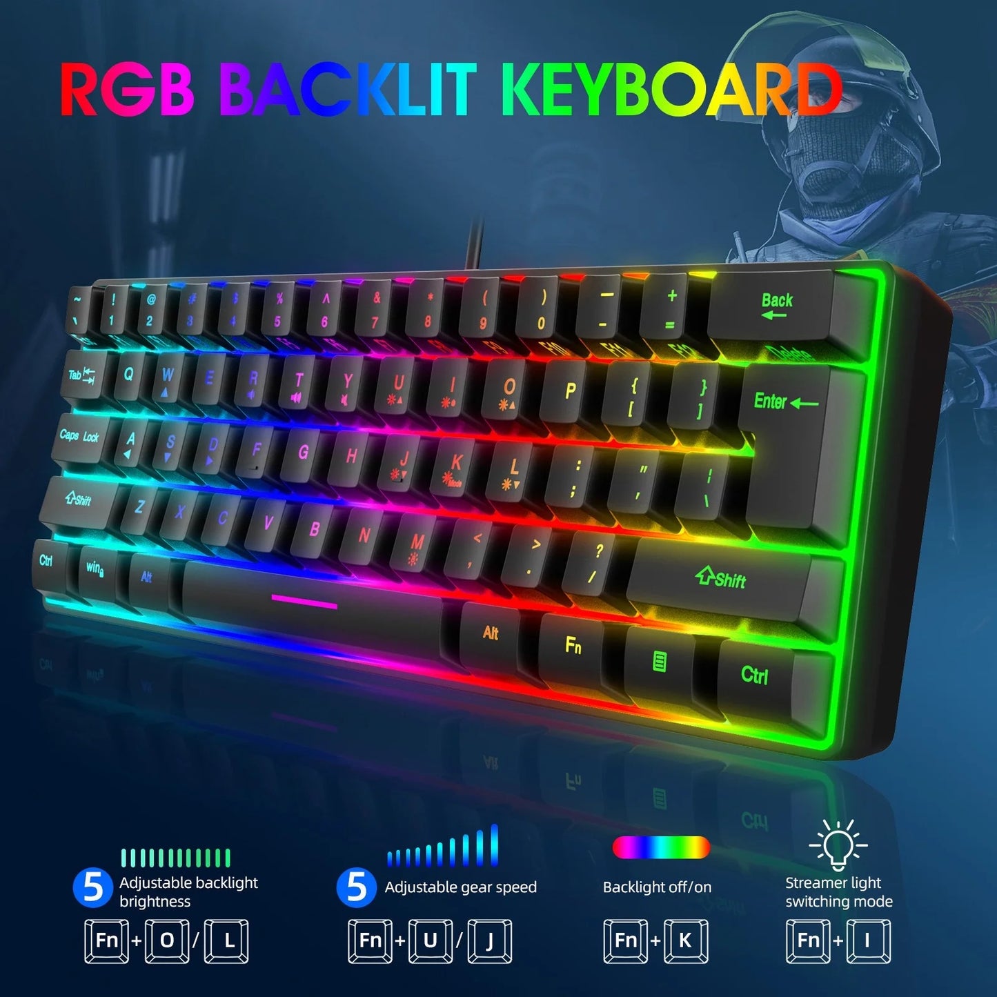 Wired 60 Mechanical Gaming Keyboard RGB Backlit Compact 61 Keys Keyboard with Blue Switches for PC RGB Backlit, Compact 66 Percent Wired Keyboard for Win/Mac PC Gamer, Easy to Carry