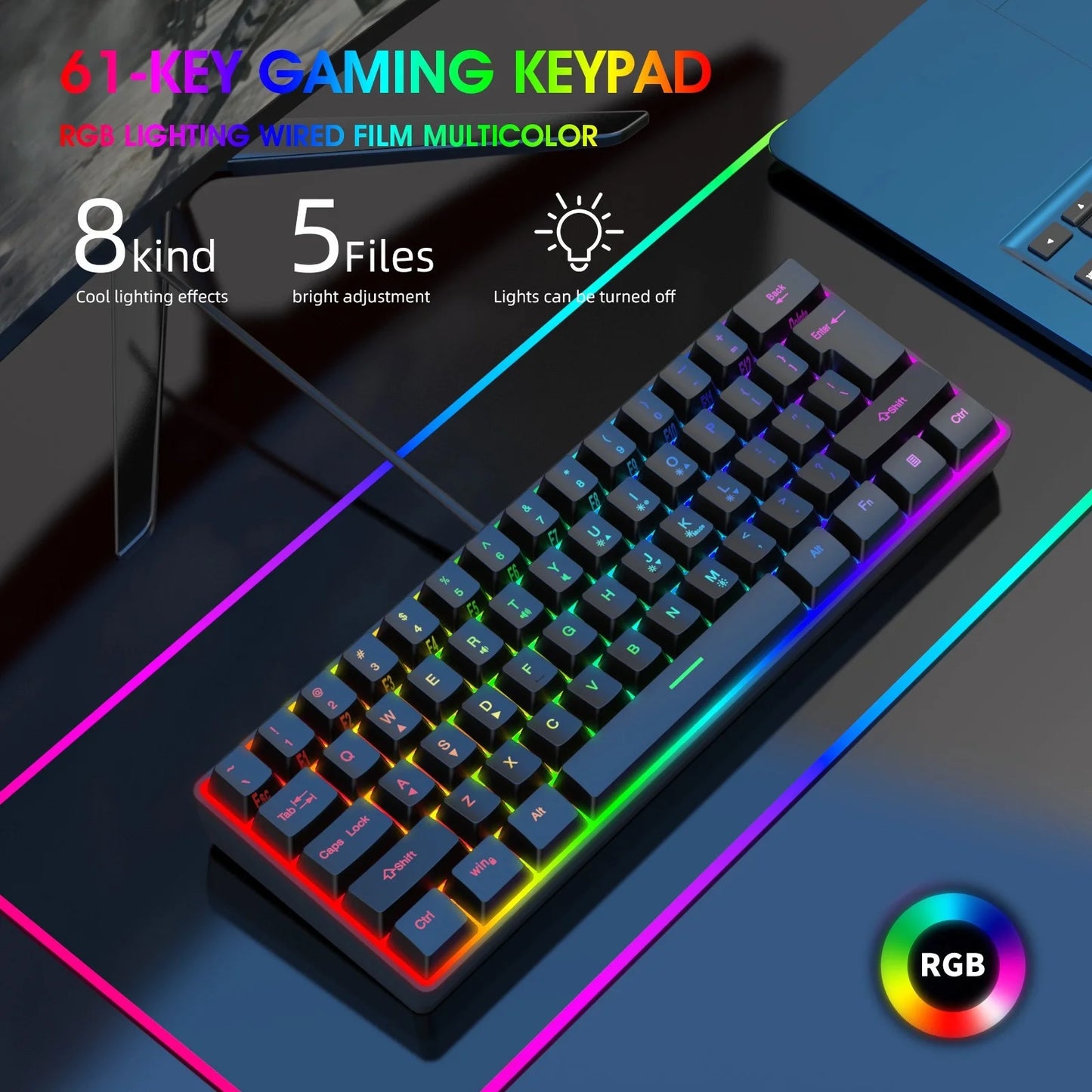 Wired 60 Mechanical Gaming Keyboard RGB Backlit Compact 61 Keys Keyboard with Blue Switches for PC RGB Backlit, Compact 66 Percent Wired Keyboard for Win/Mac PC Gamer, Easy to Carry