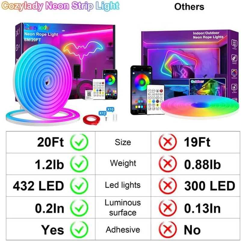 20Ft RGB LED Neon Rope Lights for Bedroom, 6M LED Strip Lamp with Double Sided Adhesive Tape, App/Remote Control Waterproof DIY Lights Decorate the Outdoor and Indoor of Your Home. - VortexLogic.store
