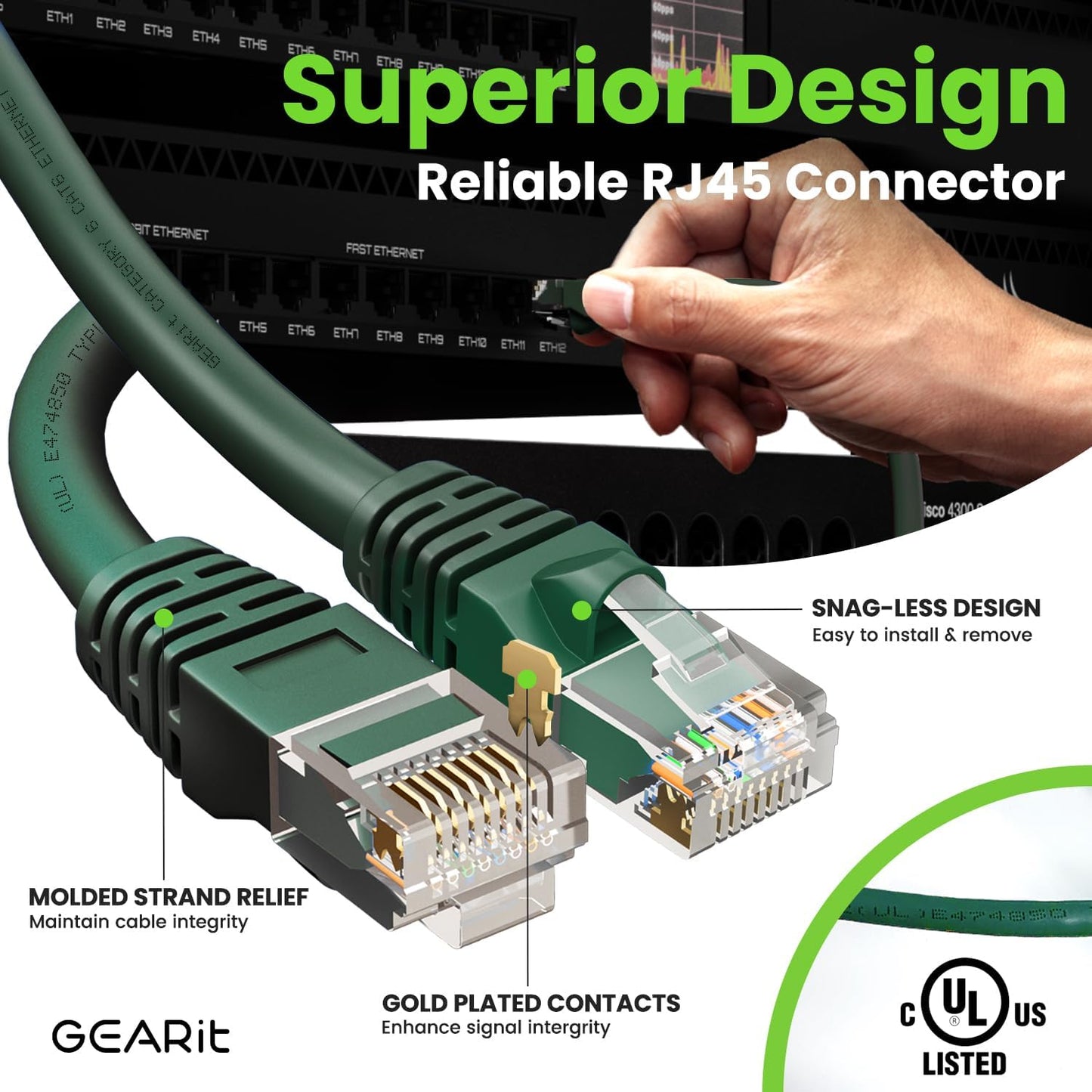 Cat 6 Ethernet Cable (10-Pack 10 Feet) Cat6 Network Patch, 10Gbps, RJ45, Snagless Cord, Gold-Plated Connectors, Internet for PC, TV, Tablet, Router, Printer, Servers, IT Data Center - Green