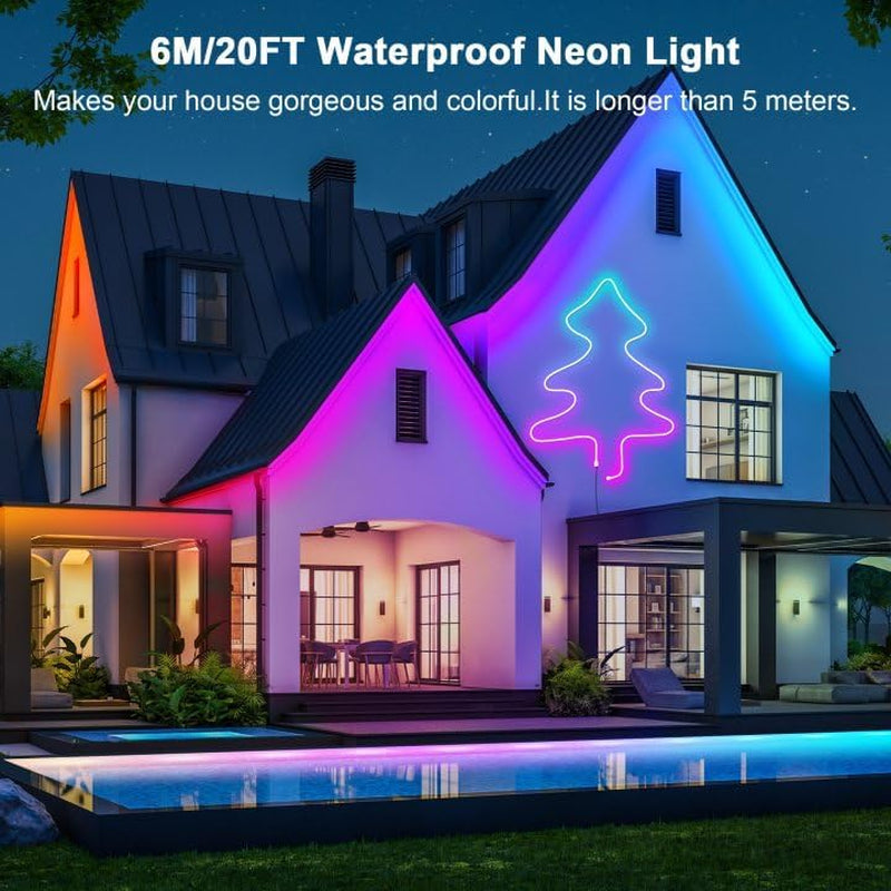 20Ft RGB LED Neon Rope Lights for Bedroom, 6M LED Strip Lamp with Double Sided Adhesive Tape, App/Remote Control Waterproof DIY Lights Decorate the Outdoor and Indoor of Your Home. - VortexLogic.store