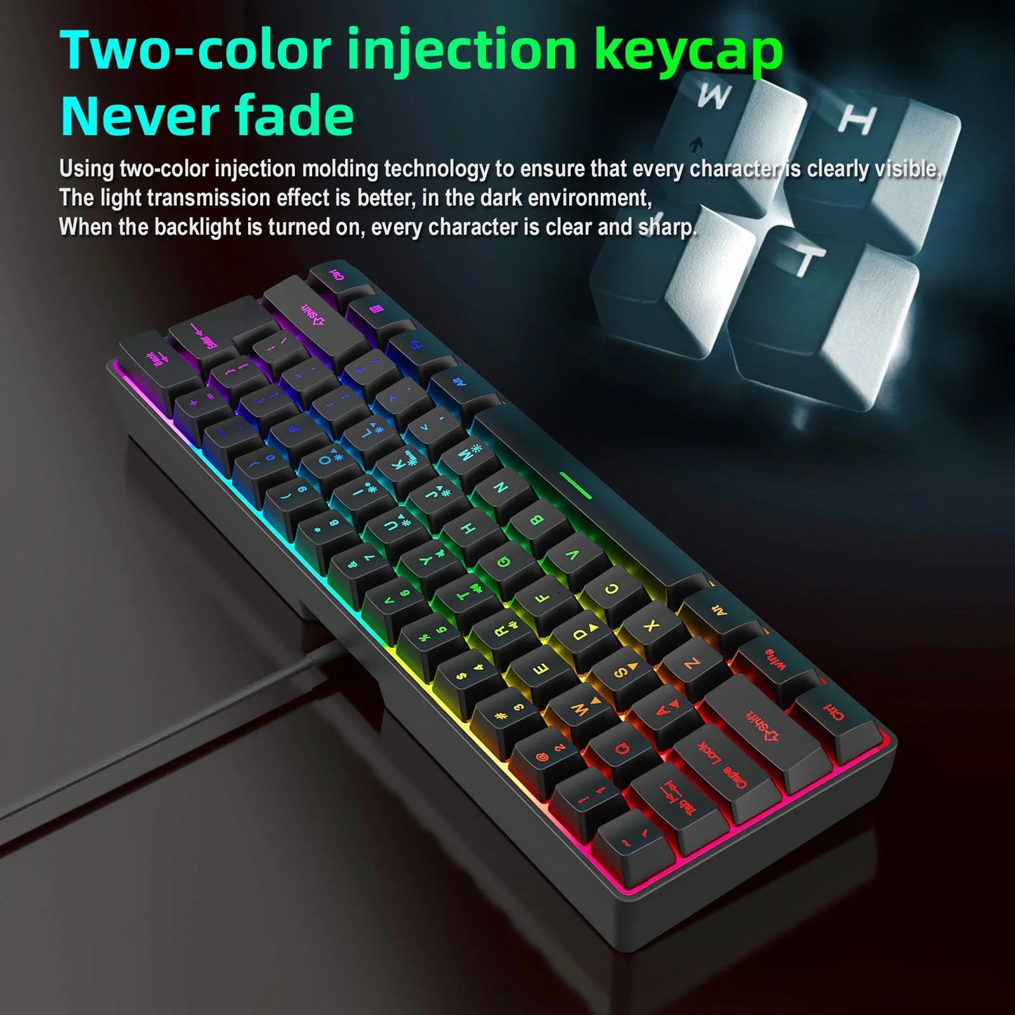 Wired 60 Mechanical Gaming Keyboard RGB Backlit Compact 61 Keys Keyboard with Blue Switches for PC RGB Backlit, Compact 66 Percent Wired Keyboard for Win/Mac PC Gamer, Easy to Carry