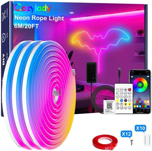 20Ft RGB LED Neon Rope Lights for Bedroom, 6M LED Strip Lamp with Double Sided Adhesive Tape, App/Remote Control Waterproof DIY Lights Decorate the Outdoor and Indoor of Your Home. - VortexLogic.store