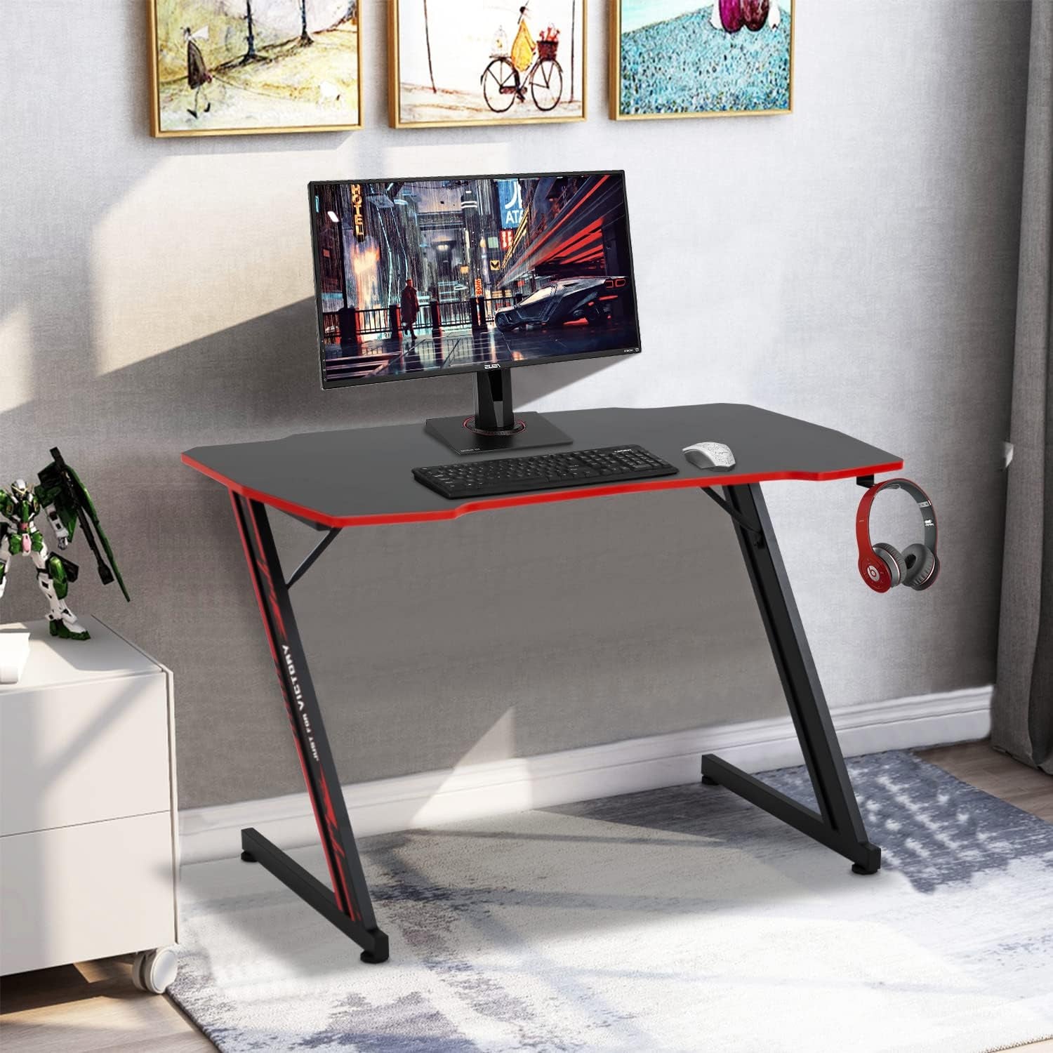 35" Gaming Desk,Gaming Table, Black Gaming Desks Workstation,Headphone Hook,Storage